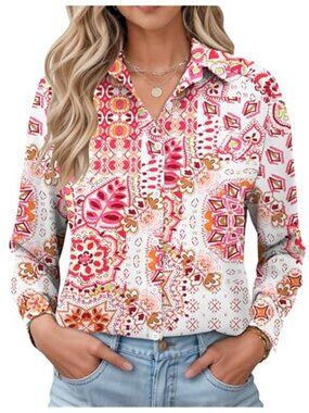 Womens Floral Cotton Linen Button Down Shirt Loose Casual Long Sleeve Blouse